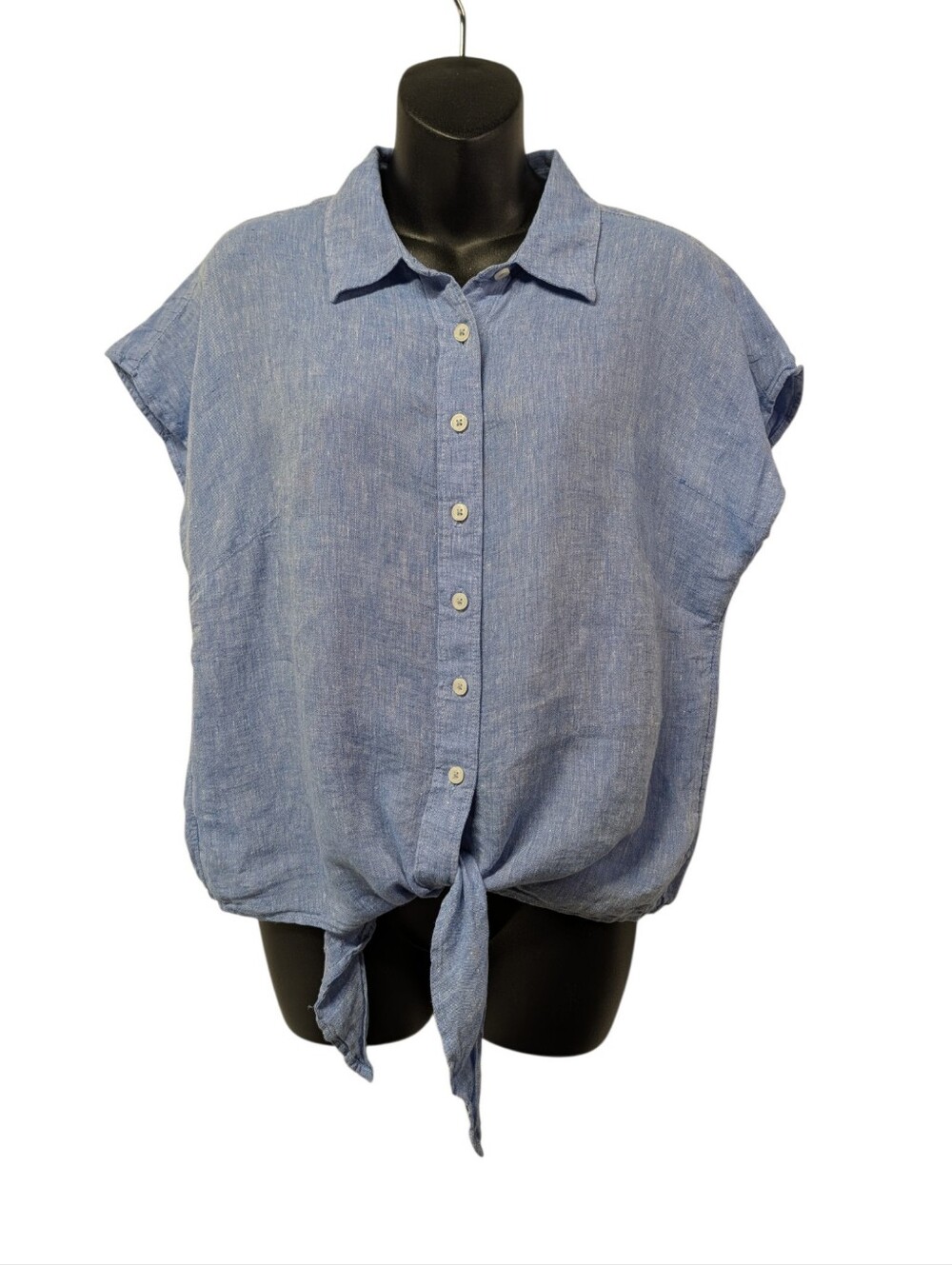 Talbots Blue 100% Linen Collared Button Front Cap Sleeve Blouse Petite PM